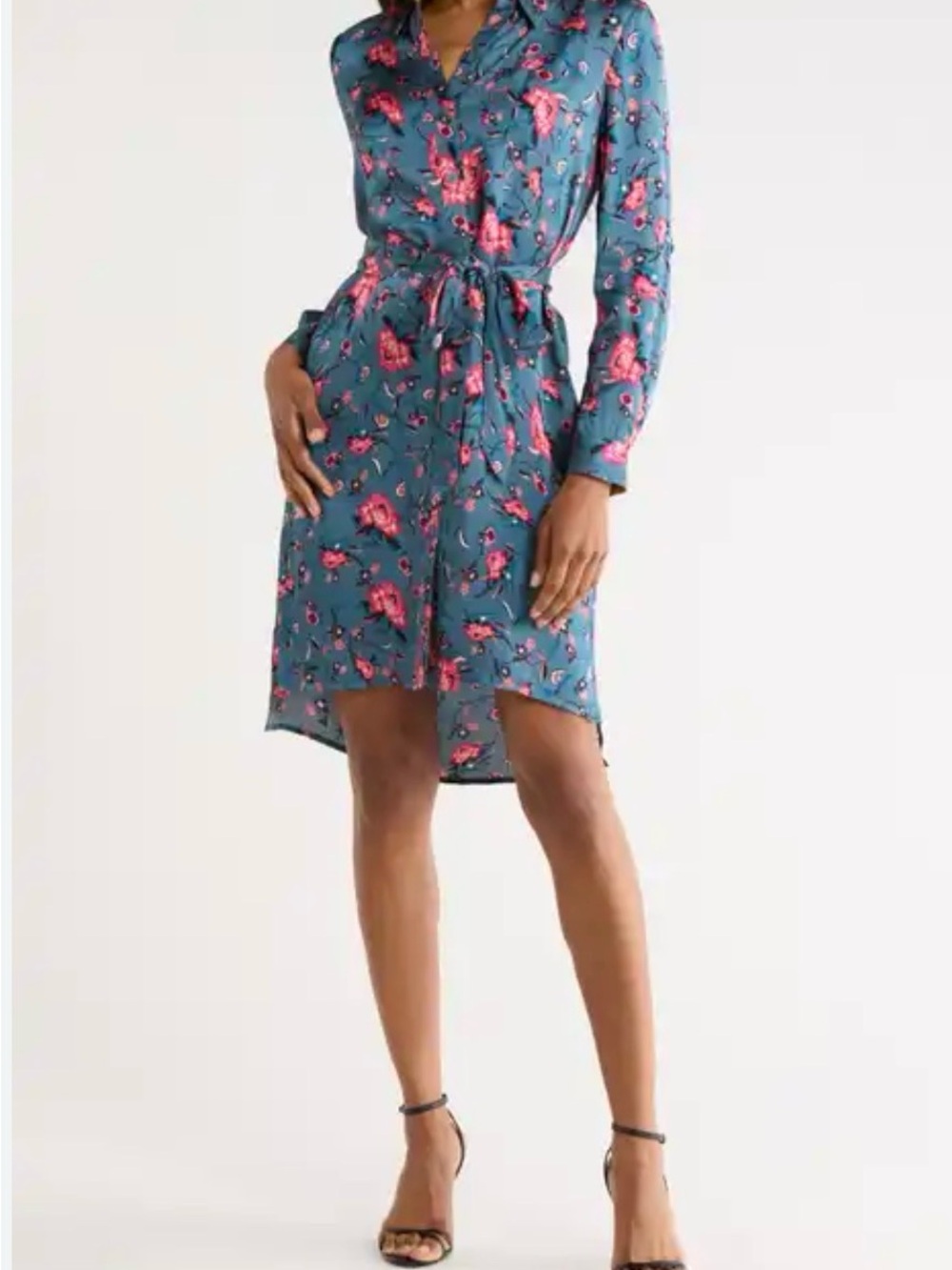 Diane Von Furstenberg Teal Shirt Dress with Pink Floral Print
